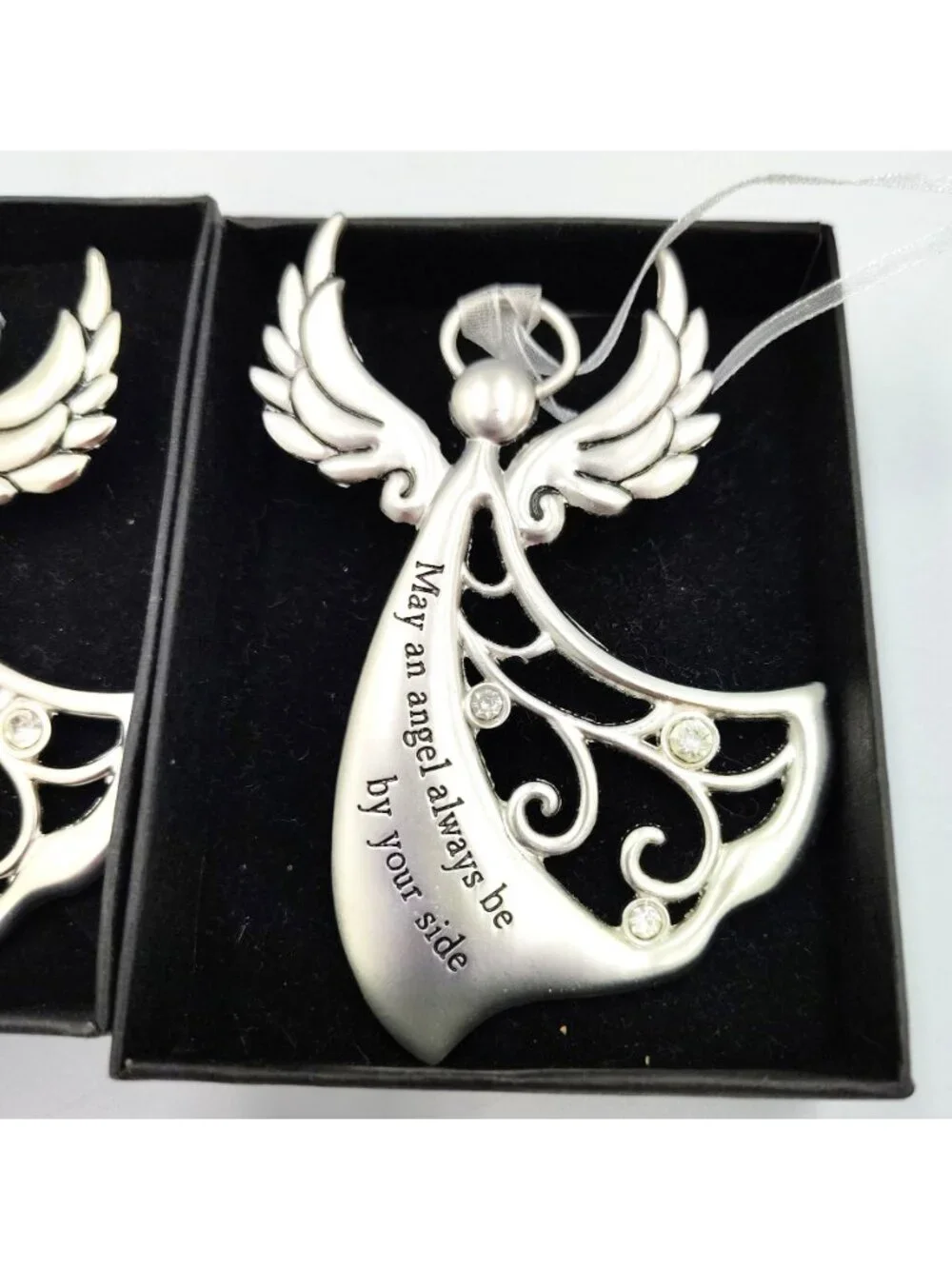 Angel Christmas Ornament Lot of 2 Silver Tone Rhinestone Inspirational Gifts